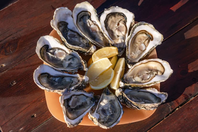 Fresh raw oysters served on a plate with lemon wedges on a wooden table