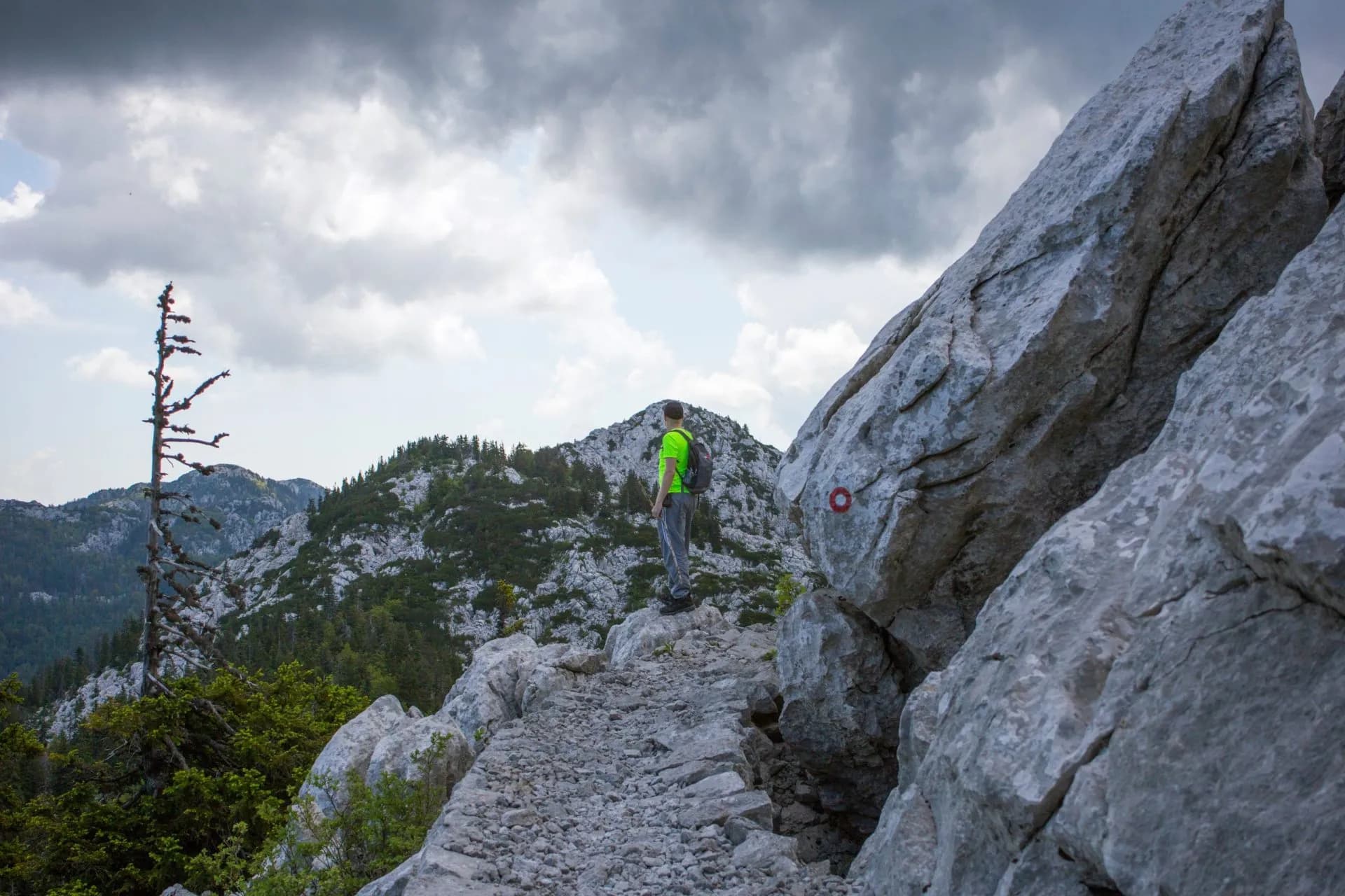 Hiker on rocky trail with karst landscape and forested mountains in North Velebit National Park.