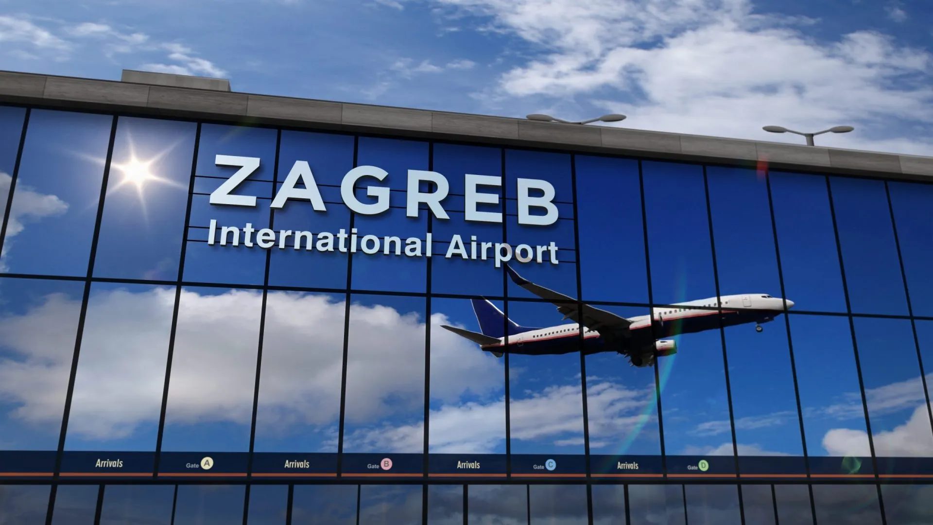Airplane landing at Zagreb mirrored in terminal